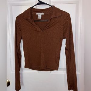 Brown Cropped Long Sleeve Shirt, Size M